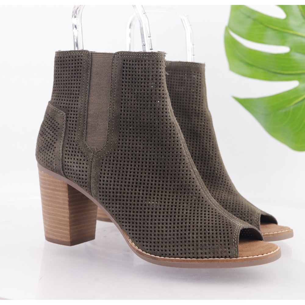 TOMS Womens Majorca Boots Size 11 Olive Green Suede Block Heel Open Toe Booties‎
